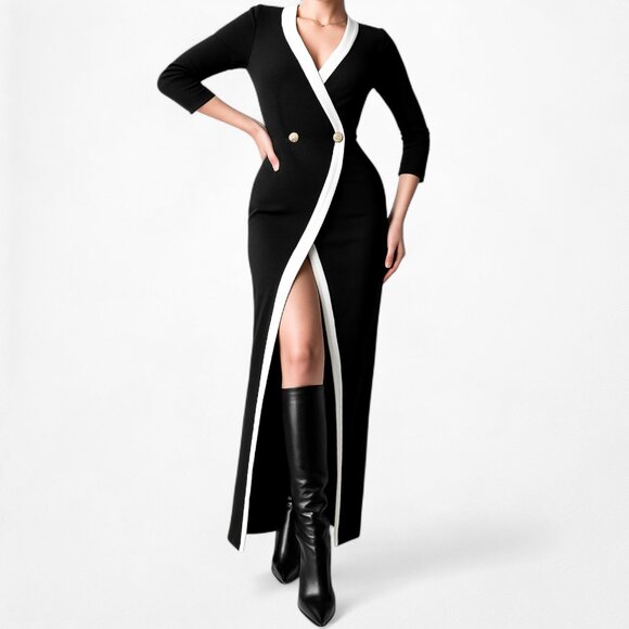 Black Button Front Colorblock Knit Front Slit Bodycon Maxi Dress Size S/M - Picture 1 of 7